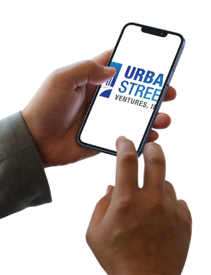 man holding phone image of urban street logo